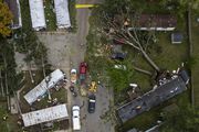 An aerial view of damage from an EF-1 at Pavilion Mobile Home Park along Alpine Avenue NW in Kent County, Michigan on Friday, Aug. 25, 2023. The National Weather confirmed an EF1 tornado occurred Thursday evening in Kent County with max winds of 110 mph and was on the ground for 8.7 miles. (Drone image by Joel Bissell | MLive.com)