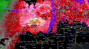 Wind velocity mode of the doppler radar shows the widespread strong winds in orange and brown.