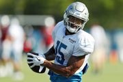 Detroit Lions wide receiver Chris Lacy (15) catches a pass during their training camp practice at their team headquarters in Allen Park, on Tuesday, July 30, 2019. (Mike Mulholland | MLive.com)