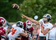 Rockford's Drake Irwin (9) passes against Muskegon at Hackley Stadium in Muskegon on Friday, Aug. 25, 2023. Rockford won 27-7. (Cory Morse | MLive.com)
